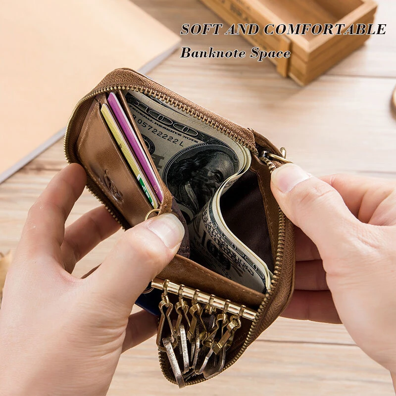 BULLCAPTAIN Genuine Leather Mens Waist-Mounted Wallet Card & Id Holders Multi-function Key Chain Holders Mini Key Bag Coin Purse Wallet Two-In-One with Gift Box — view 5