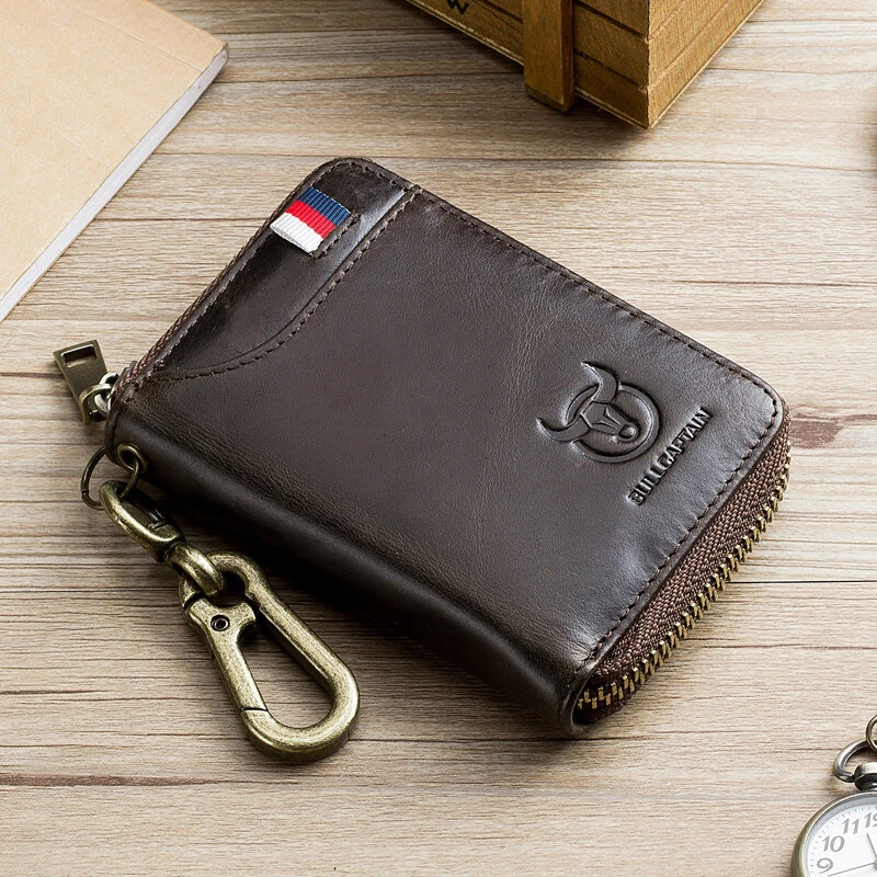 BULLCAPTAIN Genuine Leather Mens Waist-Mounted Wallet Card & Id Holders Multi-function Key Chain Holders Mini Key Bag Coin Purse Wallet Two-In-One with Gift Box — view 9