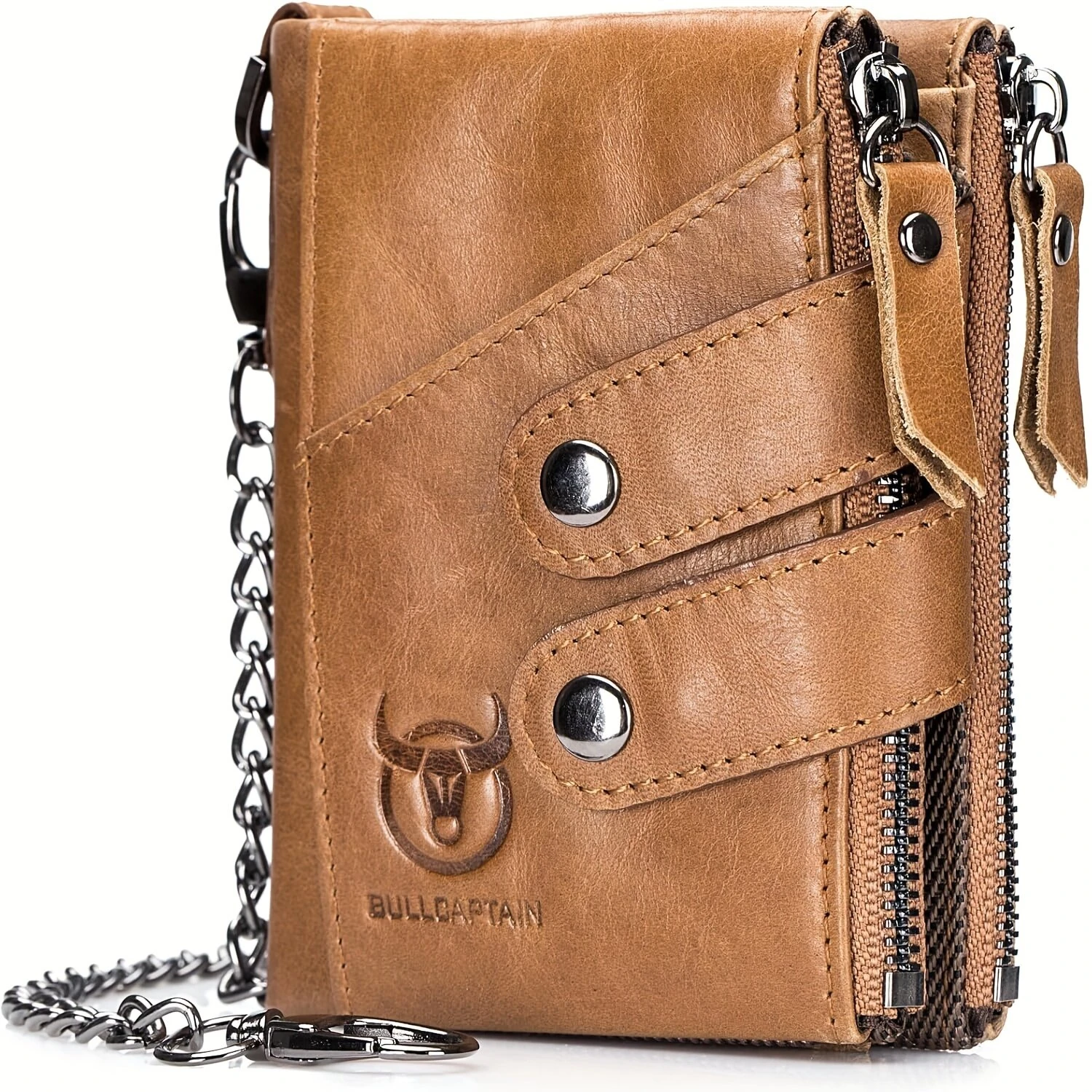 BULLCAPTAIN Genuine Leather Mens Wallet RFID Blocking Short Wallet with Chain Multifunction Card Holder Double Zipper Coin Purse Money Clip Compact Storage Bag Stylish — BULLCAPTAIN