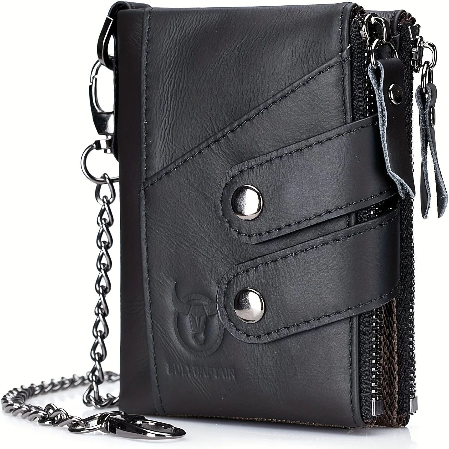 BULLCAPTAIN Genuine Leather Mens Wallet RFID Blocking Short Wallet with Chain Multifunction Card Holder Double Zipper Coin Purse Money Clip Compact Storage Bag Stylish — view 10