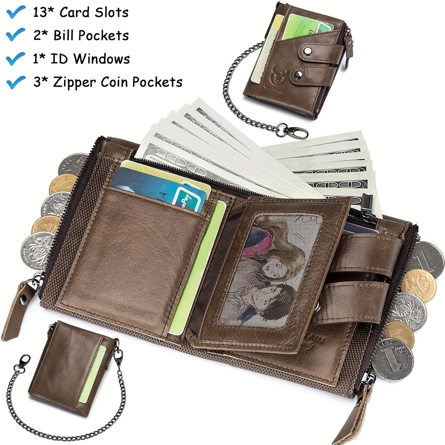 BULLCAPTAIN Genuine Leather Mens Wallet RFID Blocking Short Wallet with Chain Multifunction Card Holder Double Zipper Coin Purse Money Clip Compact Storage Bag Stylish — view 3