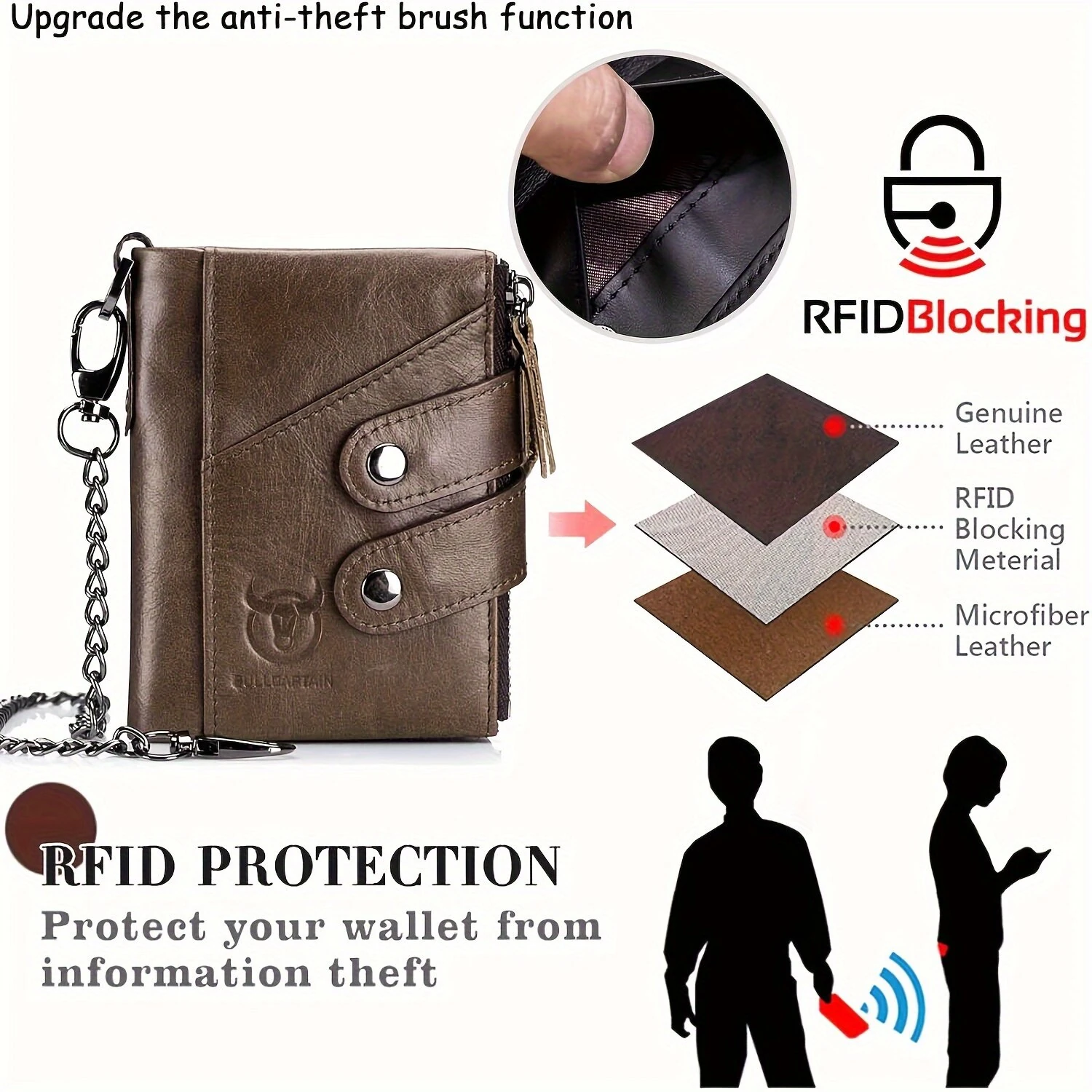 BULLCAPTAIN Genuine Leather Mens Wallet RFID Blocking Short Wallet with Chain Multifunction Card Holder Double Zipper Coin Purse Money Clip Compact Storage Bag Stylish — view 4