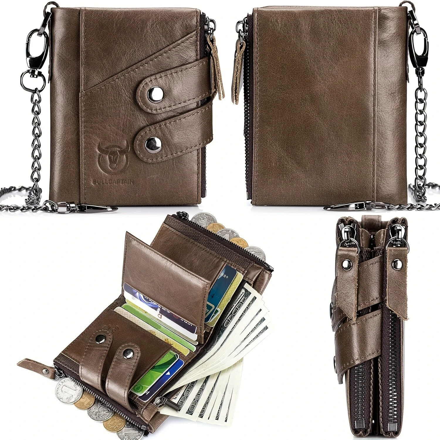 BULLCAPTAIN Genuine Leather Mens Wallet RFID Blocking Short Wallet with Chain Multifunction Card Holder Double Zipper Coin Purse Money Clip Compact Storage Bag Stylish — view 5