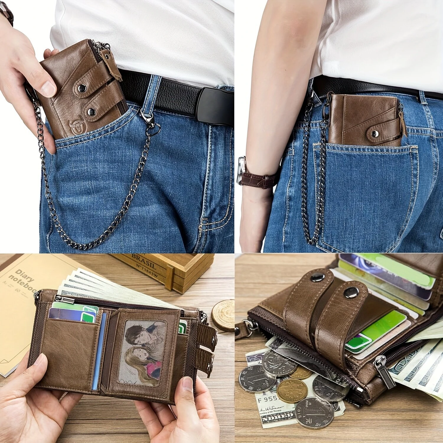 BULLCAPTAIN Genuine Leather Mens Wallet RFID Blocking Short Wallet with Chain Multifunction Card Holder Double Zipper Coin Purse Money Clip Compact Storage Bag Stylish — view 6