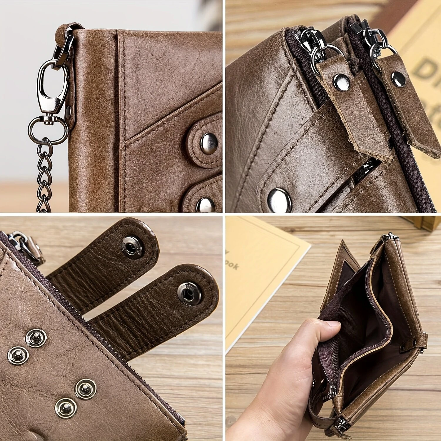 BULLCAPTAIN Genuine Leather Mens Wallet RFID Blocking Short Wallet with Chain Multifunction Card Holder Double Zipper Coin Purse Money Clip Compact Storage Bag Stylish — view 7