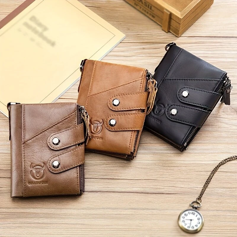 BULLCAPTAIN Genuine Leather Mens Wallet RFID Blocking Short Wallet with Chain Multifunction Card Holder Double Zipper Coin Purse Money Clip Compact Storage Bag Stylish — view 8