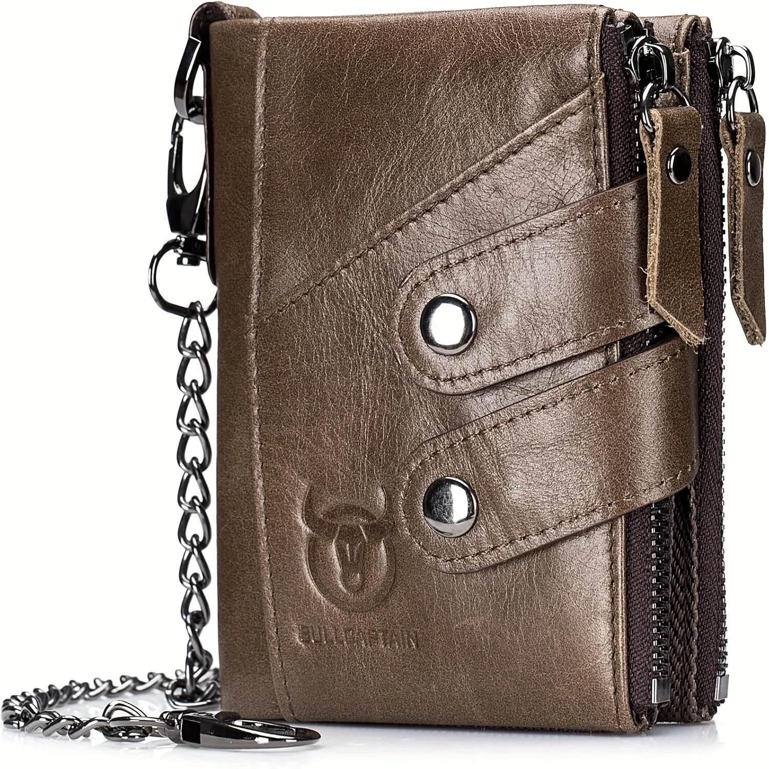 BULLCAPTAIN Genuine Leather Mens Wallet RFID Blocking Short Wallet with Chain Multifunction Card Holder Double Zipper Coin Purse Money Clip Compact Storage Bag Stylish — view 9