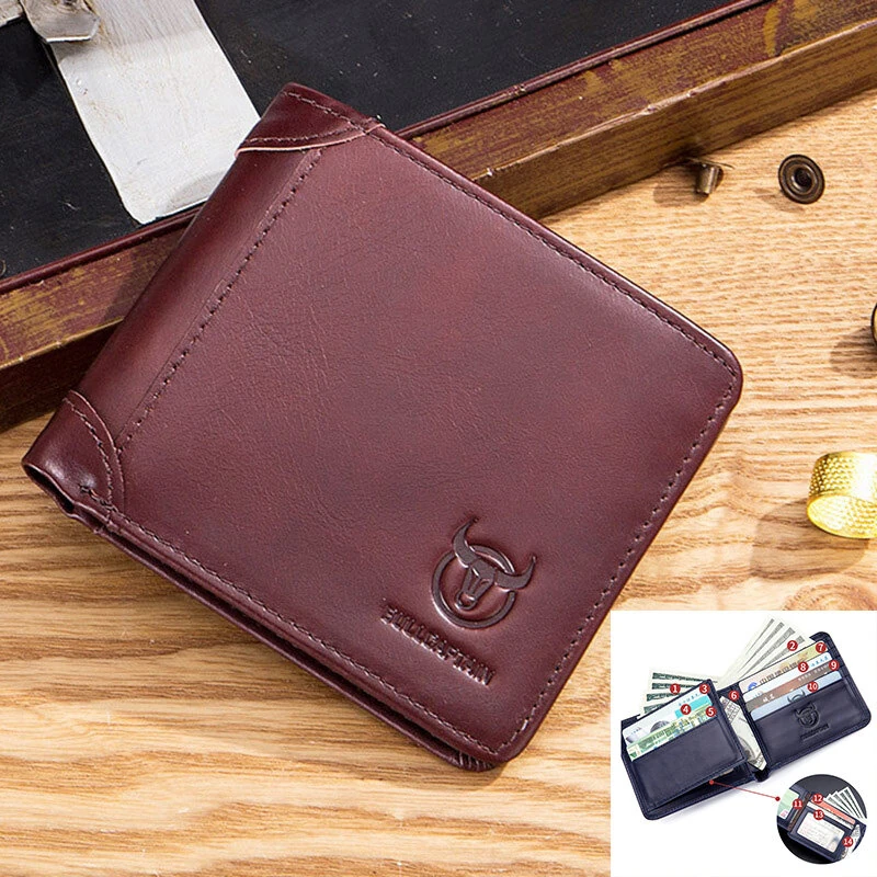 BULLCAPTAIN Genuine Leather Trifold Wallet Mens Large Capacity Credit Card Holder with 14 Card Slots Slim Design Short Wallet Coin Purse Stylish — BULLCAPTAIN