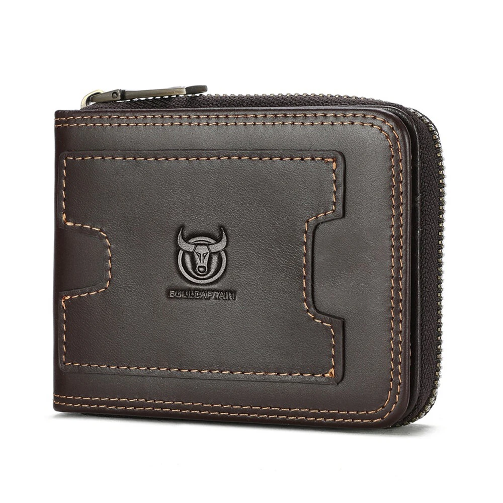 BULLCAPTAIN Genuine Leather Zippered Men's Wallet Cowhide RFID-blocking Multi Card Slots Coin Money Purse — Bullcaptain