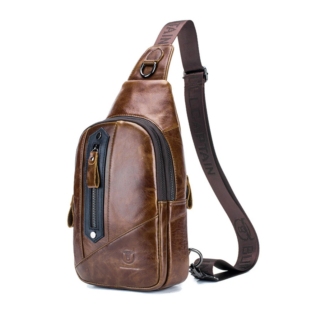 BULLCAPTAIN Men Genuine Leather Chest Bag Multi-pockets Compartment Fashion Casual Shoulder Backpack for Travel — view 11