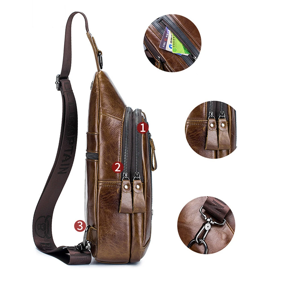 BULLCAPTAIN Men Genuine Leather Chest Bag Multi-pockets Compartment Fashion Casual Shoulder Backpack for Travel — view 2