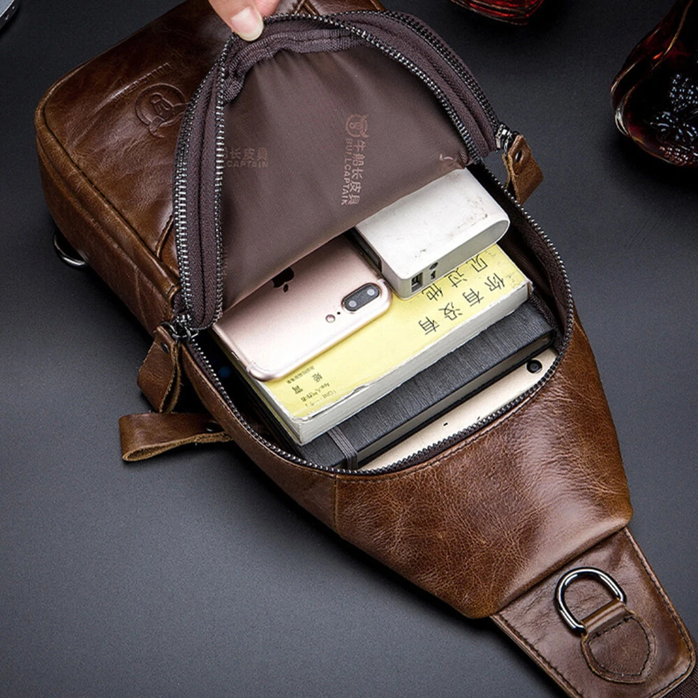 BULLCAPTAIN Men Genuine Leather Chest Bag Multi-pockets Compartment Fashion Casual Shoulder Backpack for Travel — view 3