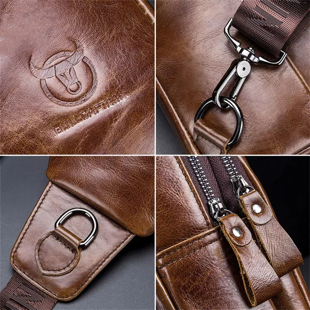 BULLCAPTAIN Men Genuine Leather Chest Bag Multi-pockets Compartment Fashion Casual Shoulder Backpack for Travel — view 7
