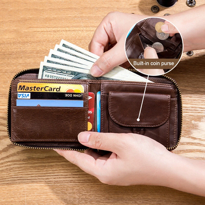 BULLCAPTAIN Men Genuine Leather Wallets Multifunction Bifold Zipper Wallets RFID Anti-magnetic Multi-card Slot Card Holder Coin Purse — view 6
