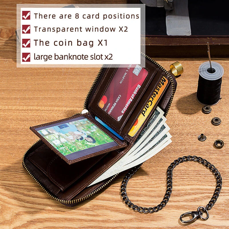 BULLCAPTAIN Men Genuine Leather Wallets Multifunction Bifold Zipper Wallets RFID Anti-magnetic Multi-card Slot Card Holder Coin Purse — view 7