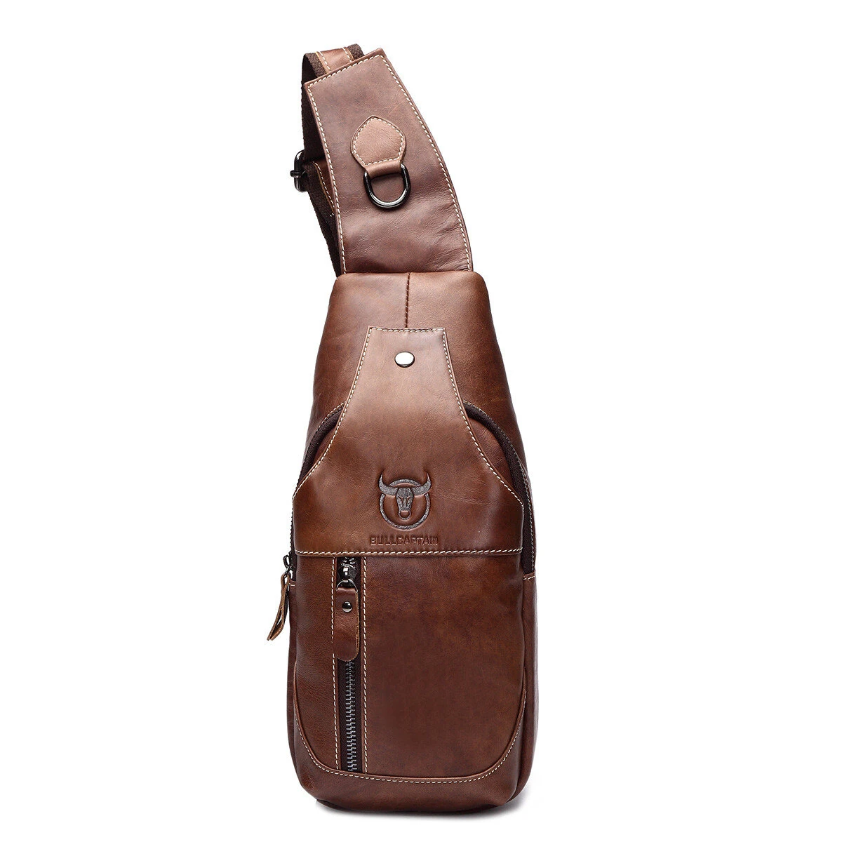 BULLCAPTAIN Men Genuine Leather Wear Resisting Textured Business Casual Brown Black Chest Bag Shoulder Crossbody Bag — view 10