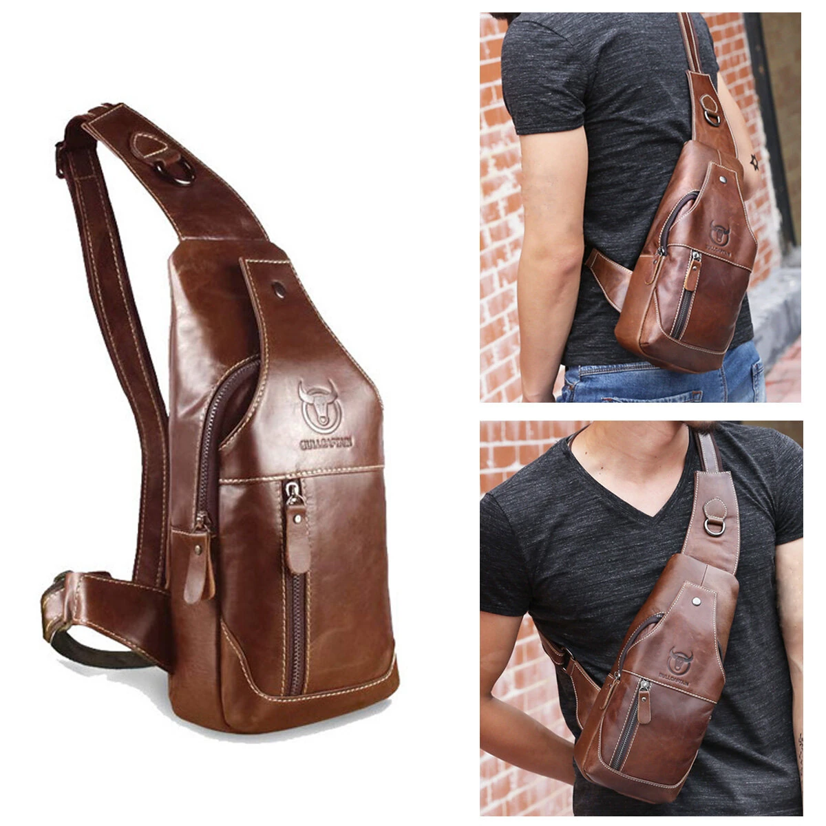 BULLCAPTAIN Men Genuine Leather Wear Resisting Textured Business Casual Brown Black Chest Bag Shoulder Crossbody Bag — view 11