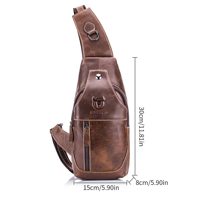 BULLCAPTAIN Men Genuine Leather Wear Resisting Textured Business Casual Brown Black Chest Bag Shoulder Crossbody Bag — view 2