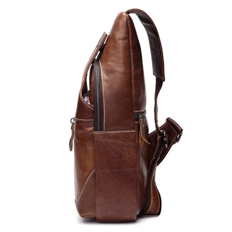 BULLCAPTAIN Men Genuine Leather Wear Resisting Textured Business Casual Brown Black Chest Bag Shoulder Crossbody Bag — view 3