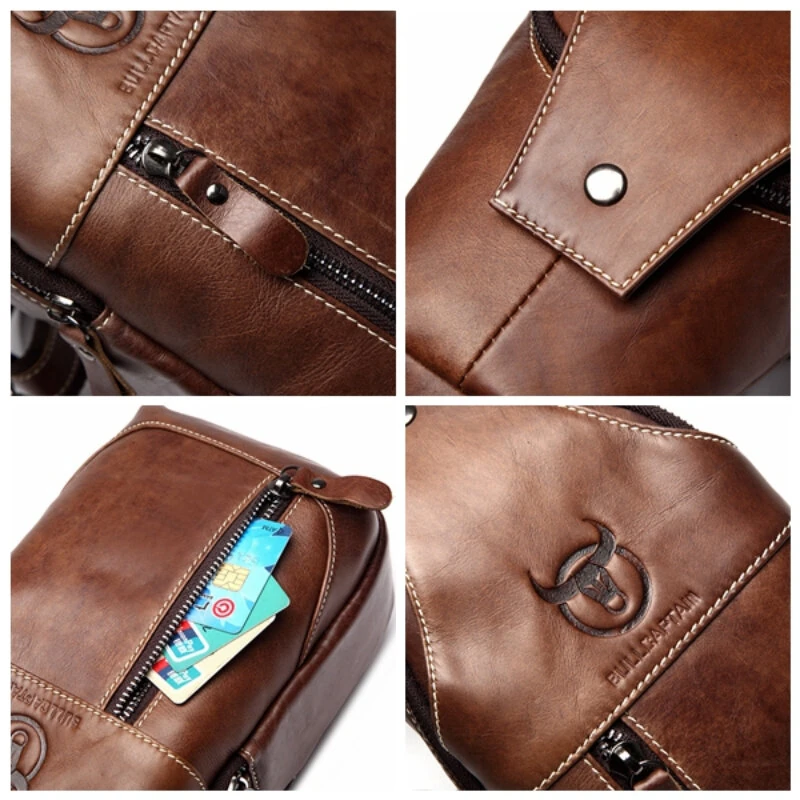 BULLCAPTAIN Men Genuine Leather Wear Resisting Textured Business Casual Brown Black Chest Bag Shoulder Crossbody Bag — view 4