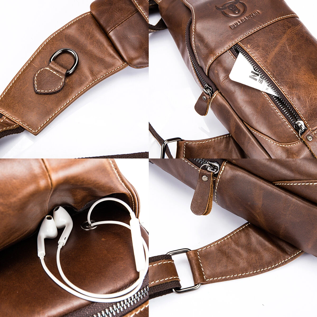 BULLCAPTAIN Men Genuine Leather Wear Resisting Textured Business Casual Brown Black Chest Bag Shoulder Crossbody Bag — view 5