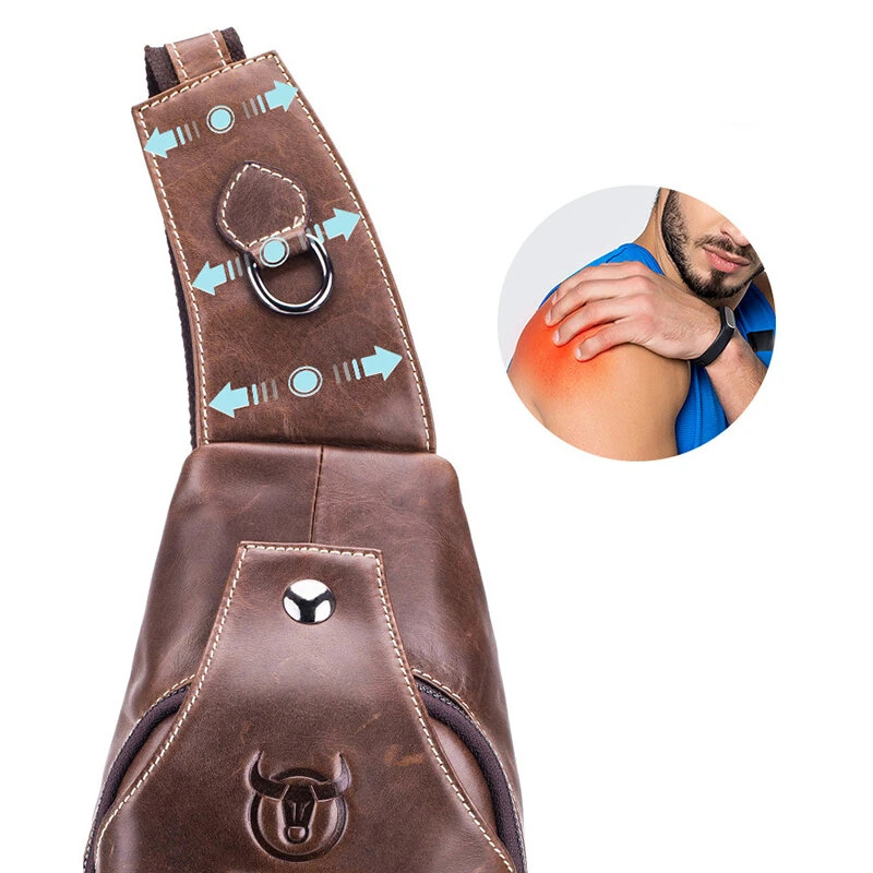 BULLCAPTAIN Men Genuine Leather Wear Resisting Textured Business Casual Brown Black Chest Bag Shoulder Crossbody Bag — view 6