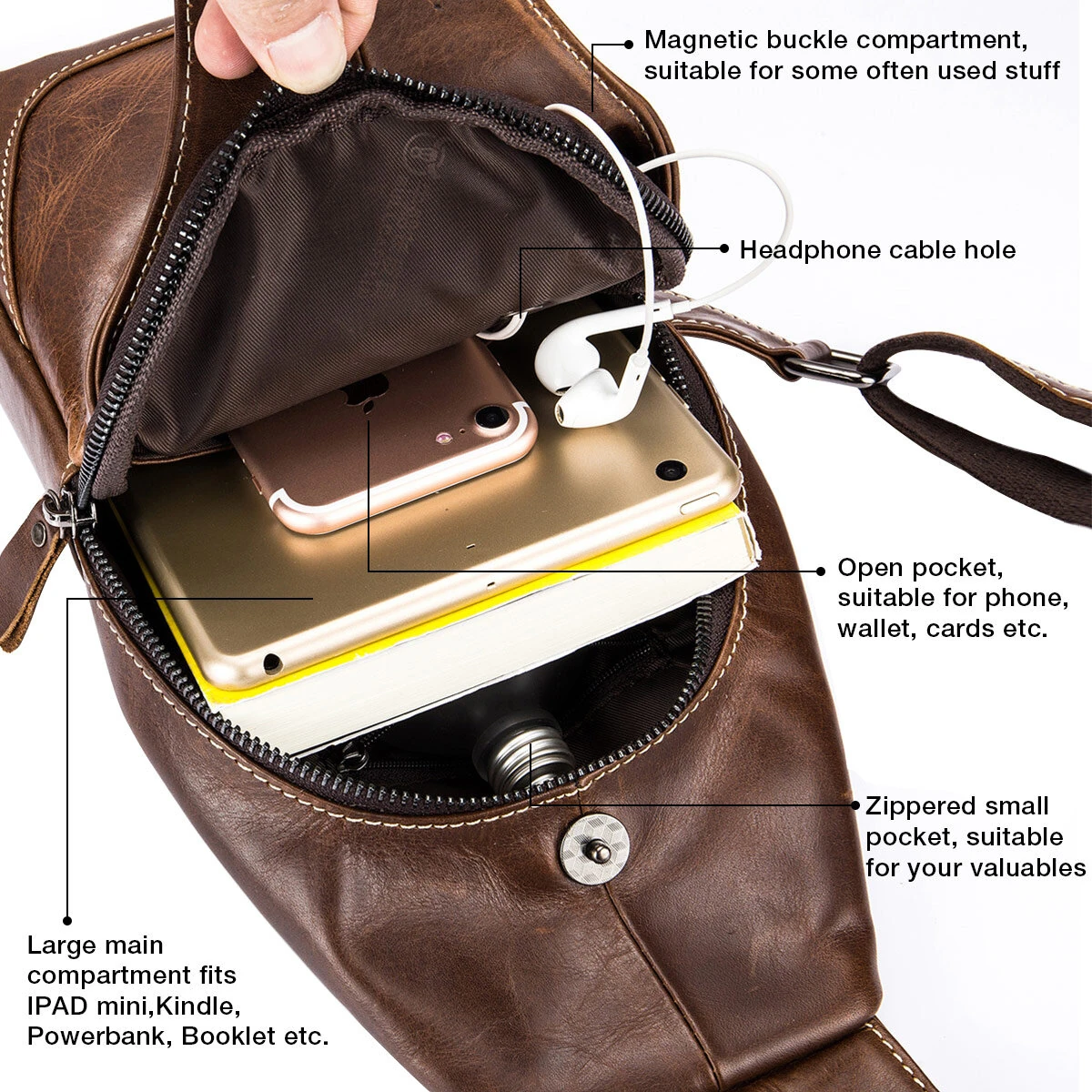 BULLCAPTAIN Men Genuine Leather Wear Resisting Textured Business Casual Brown Black Chest Bag Shoulder Crossbody Bag — view 7