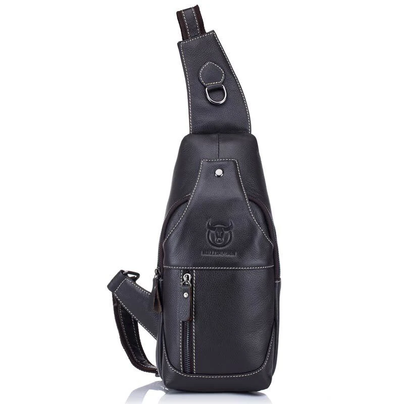 BULLCAPTAIN Men Genuine Leather Wear Resisting Textured Business Casual Brown Black Chest Bag Shoulder Crossbody Bag — view 9