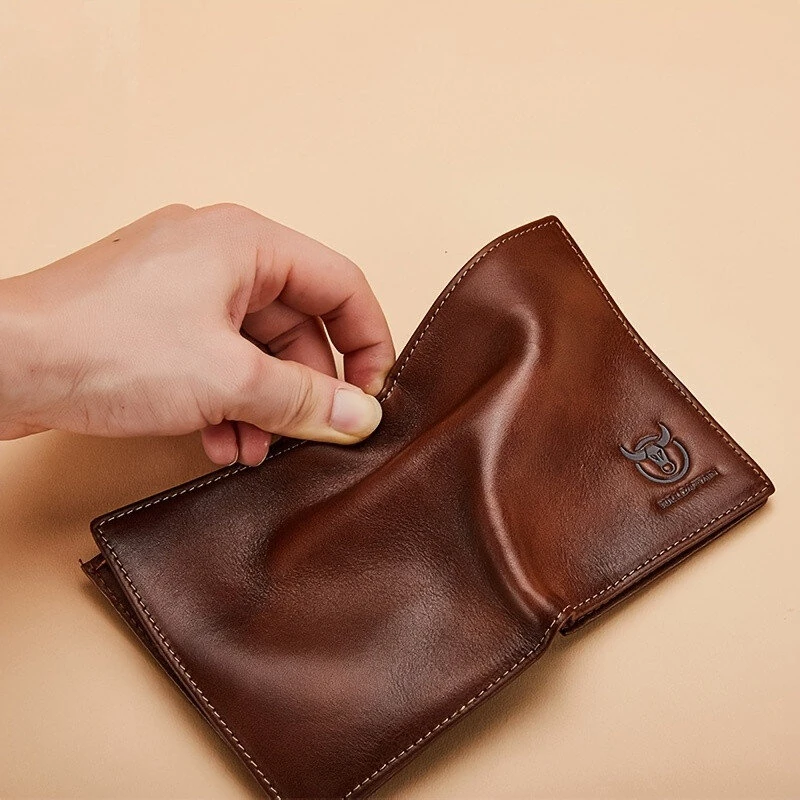 BULLCAPTAIN Men's Genuine Leather RFID Wallet Handmade Cowhide Thin Design Large Capacity Short Coin Purse Clip Business Casual Card Bag Gift — view 6