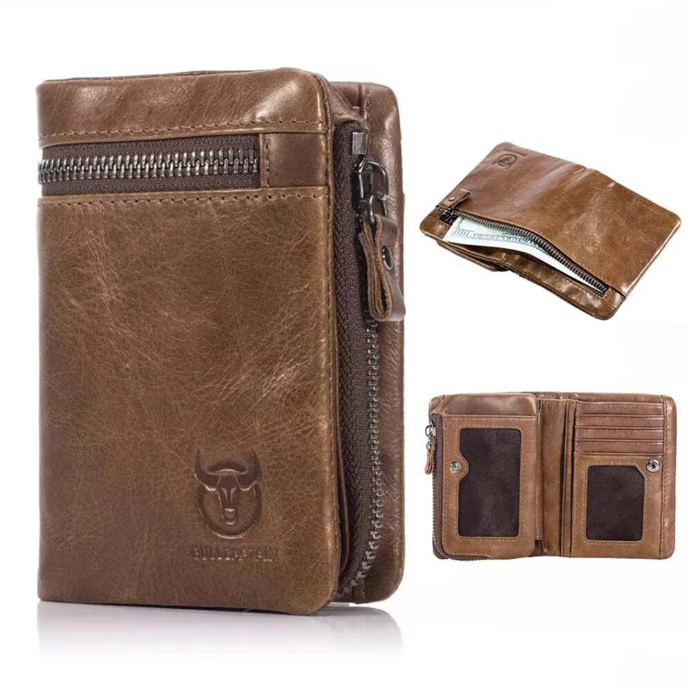 BULLCAPTAIN Men's Genuine Leather RFID Wallet Short Trifold Design Hasp Zipper Closure Card Holder Coin Pocket Money Purse — BULLCAPTAIN