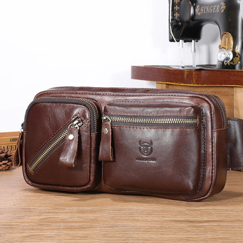 BULLCAPTAIN Men's Genuine Leather Waist Bag Large Capacity Chest Bag Outdoor Sports Zipper Fanny Packs — BULLCAPTAIN