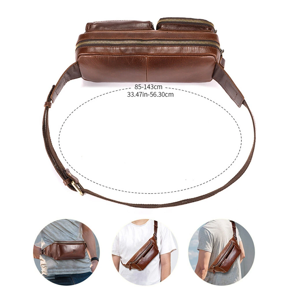 BULLCAPTAIN Men's Genuine Leather Waist Bag Large Capacity Chest Bag Outdoor Sports Zipper Fanny Packs — view 6