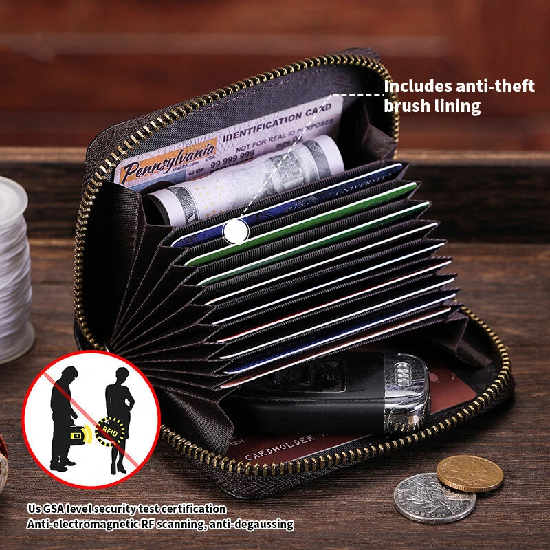 BULLCAPTAIN Men's Genuine Leather Wallet 11 Card Slots Credit Card Holder Mens Casual Business Coin Purse Bag Multifunctional RFID Anti-theft Card Bag — view 3