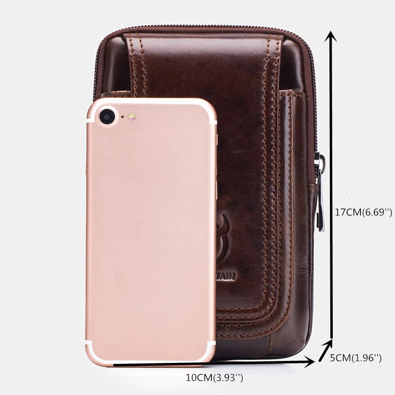 BULLCAPTAIN Men's Leather Belt Waist Bag Travel Small Fanny Pack Phone Pouch Multifunctional Male Waist Bag Leather Pouch — view 3