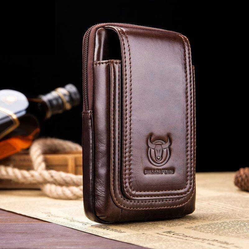 BULLCAPTAIN Men's Leather Belt Waist Bag Travel Small Fanny Pack Phone Pouch Multifunctional Male Waist Bag Leather Pouch — view 9