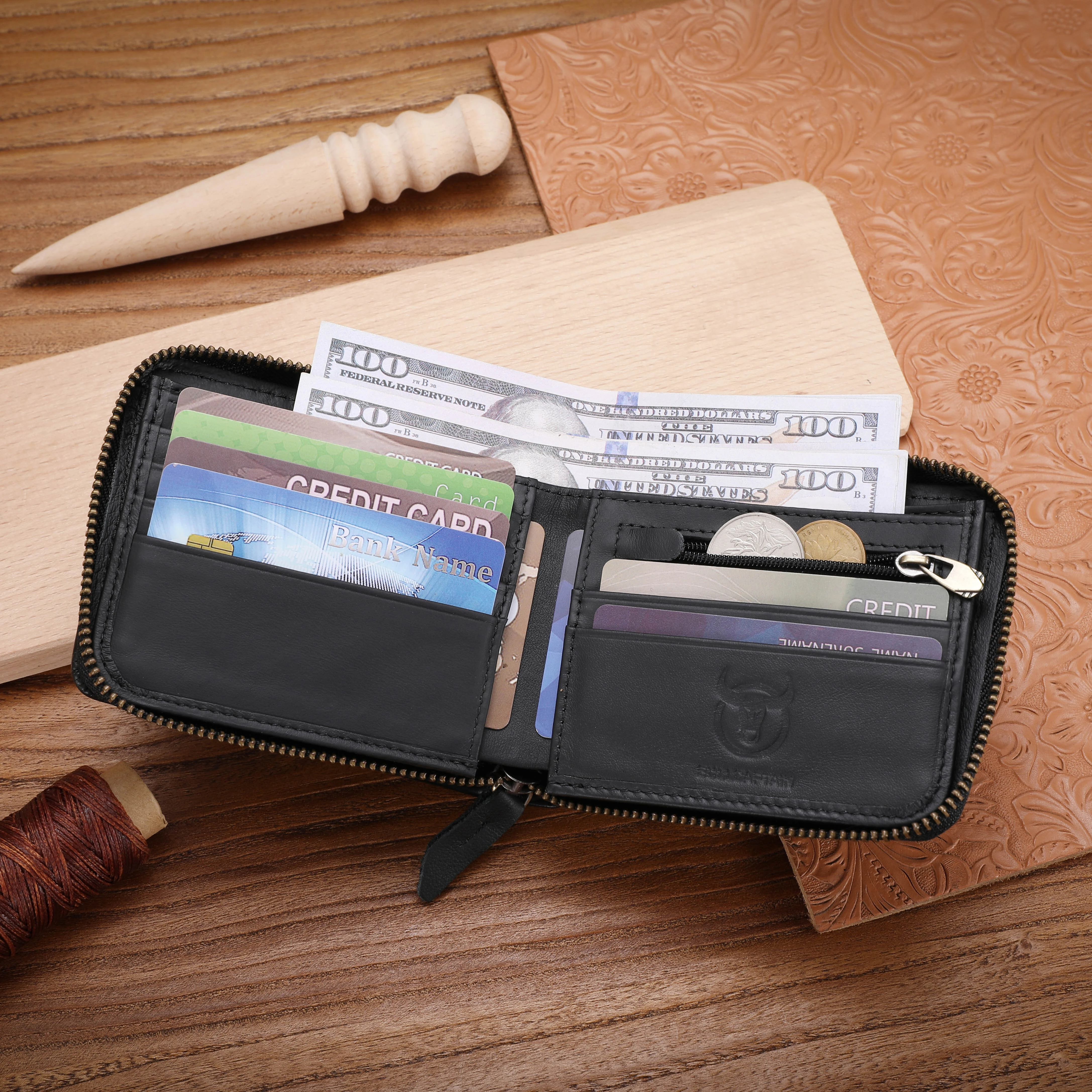 BULLCAPTAIN Men Short Wallet RFID Blocking Card Holder Cowhide Coin Purse Retro Genuine Leather Clutch Zipper Male Money Bags — view 4