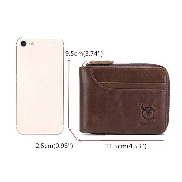 BULLCAPTAIN Men Short Wallet RFID Blocking Card Holder Cowhide Coin Purse Retro Genuine Leather Clutch Zipper Male Money Bags — view 5