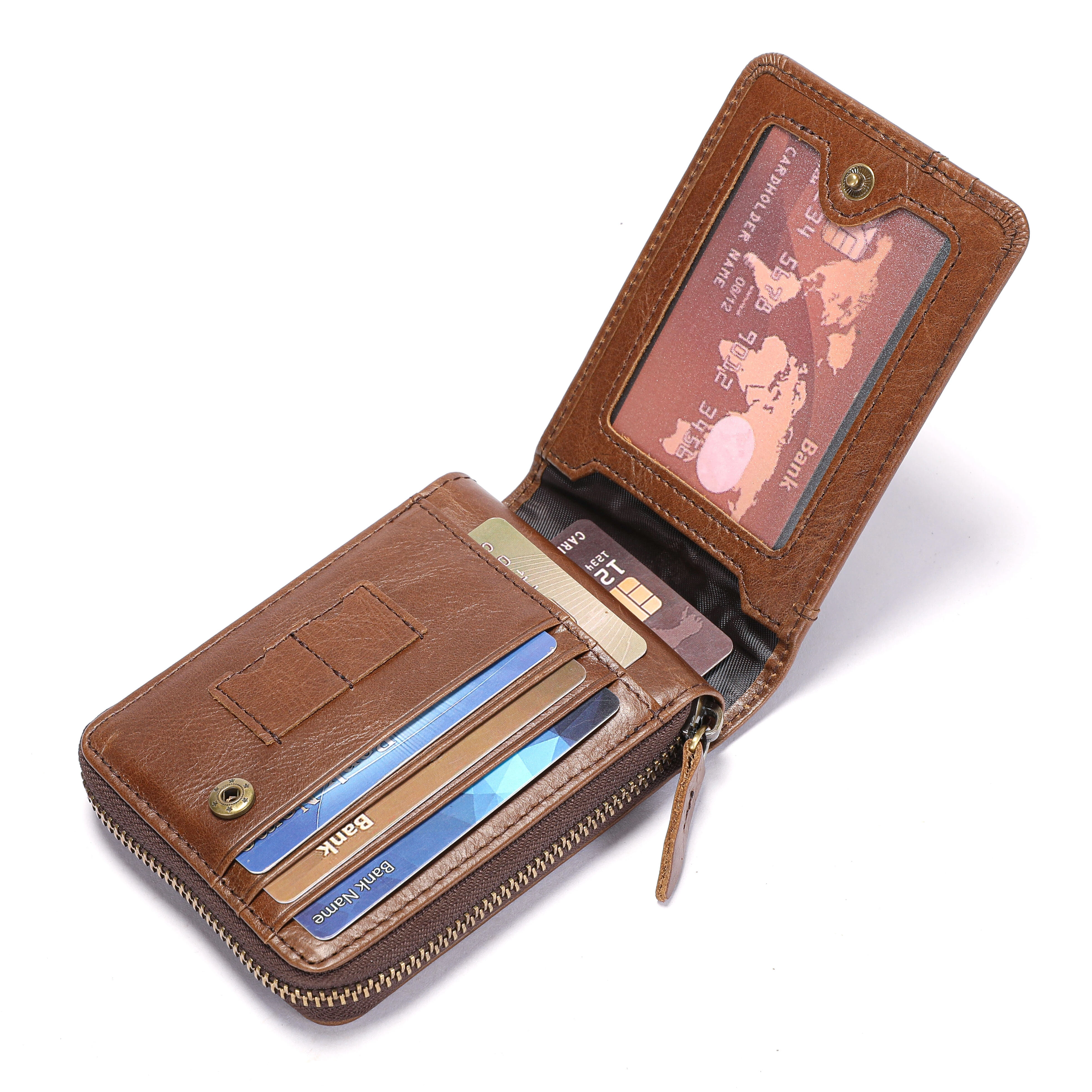 BULLCAPTAIN Men Short Wallet RFID Blocking Card Holder Cowhide Coin Purse Retro Genuine Leather Clutch Zipper Male Money Bags — view 6