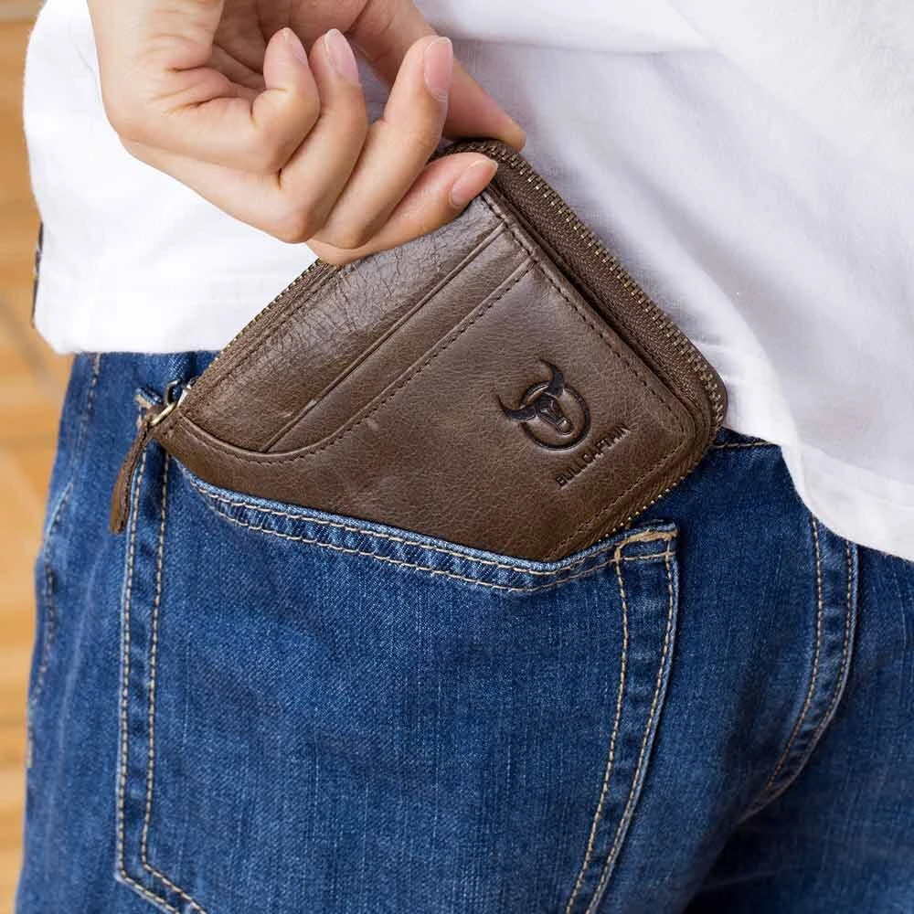 BULLCAPTAIN Men Short Wallet RFID Blocking Card Holder Cowhide Coin Purse Retro Genuine Leather Clutch Zipper Male Money Bags — view 9