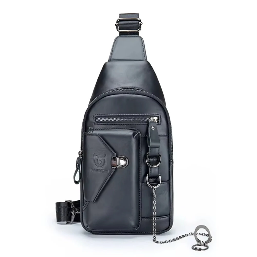 BULLCAPTAINN Genuine Leather Men's Chest Bag with Phone Holder Multi-Layer Large Capacity Shoulder Pack Travel Outdoor Comfy Wide Strap Messenger Bag — view 10