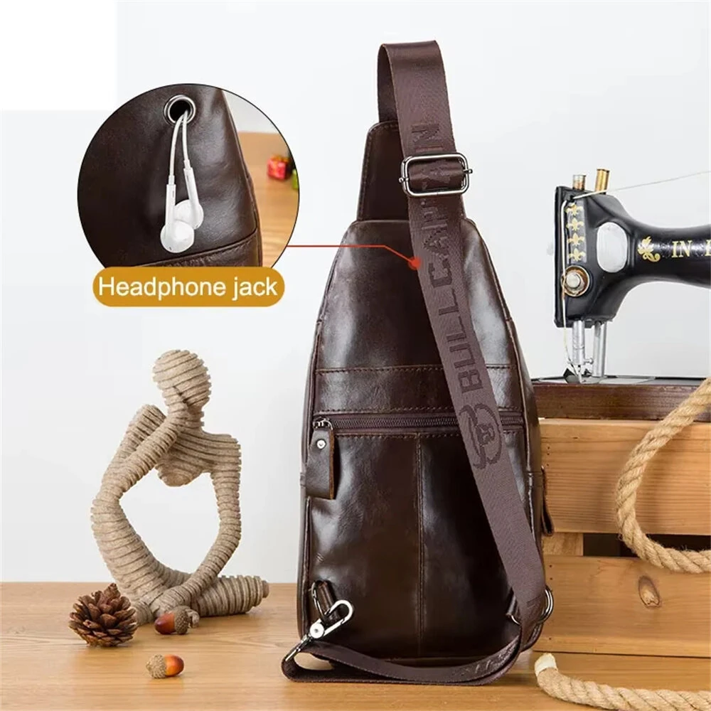 BULLCAPTAINN Genuine Leather Men's Chest Bag with Phone Holder Multi-Layer Large Capacity Shoulder Pack Travel Outdoor Comfy Wide Strap Messenger Bag — view 2