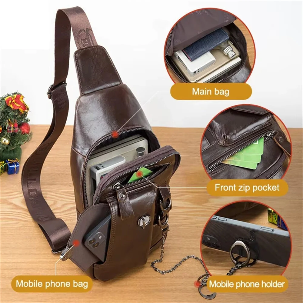 BULLCAPTAINN Genuine Leather Men's Chest Bag with Phone Holder Multi-Layer Large Capacity Shoulder Pack Travel Outdoor Comfy Wide Strap Messenger Bag — view 3