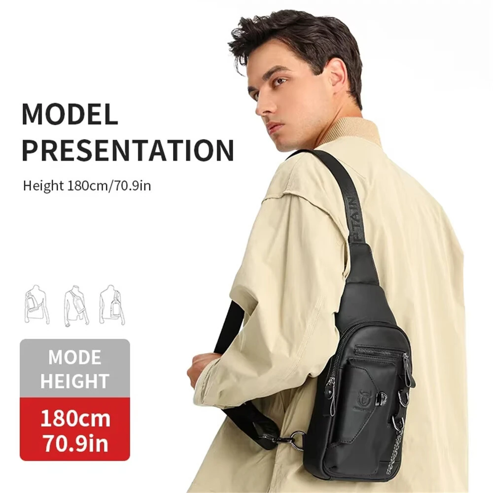 BULLCAPTAINN Genuine Leather Men's Chest Bag with Phone Holder Multi-Layer Large Capacity Shoulder Pack Travel Outdoor Comfy Wide Strap Messenger Bag — view 4