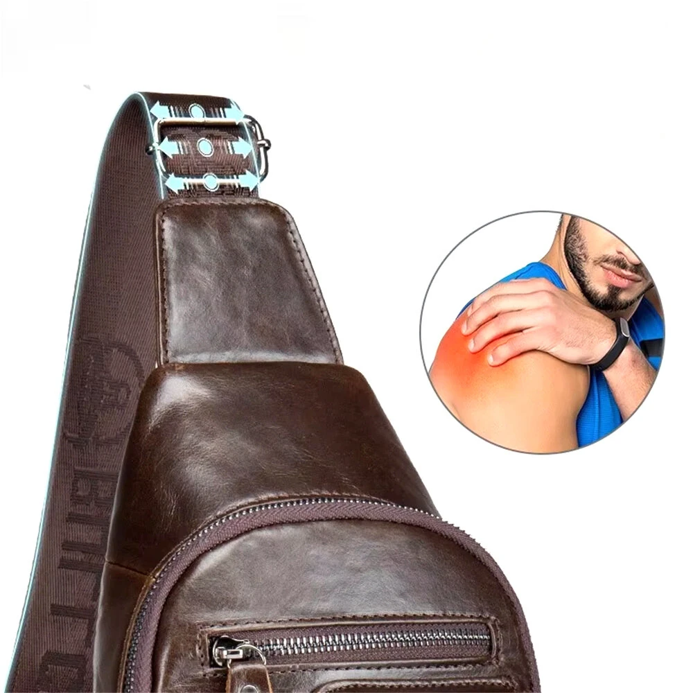 BULLCAPTAINN Genuine Leather Men's Chest Bag with Phone Holder Multi-Layer Large Capacity Shoulder Pack Travel Outdoor Comfy Wide Strap Messenger Bag — view 7