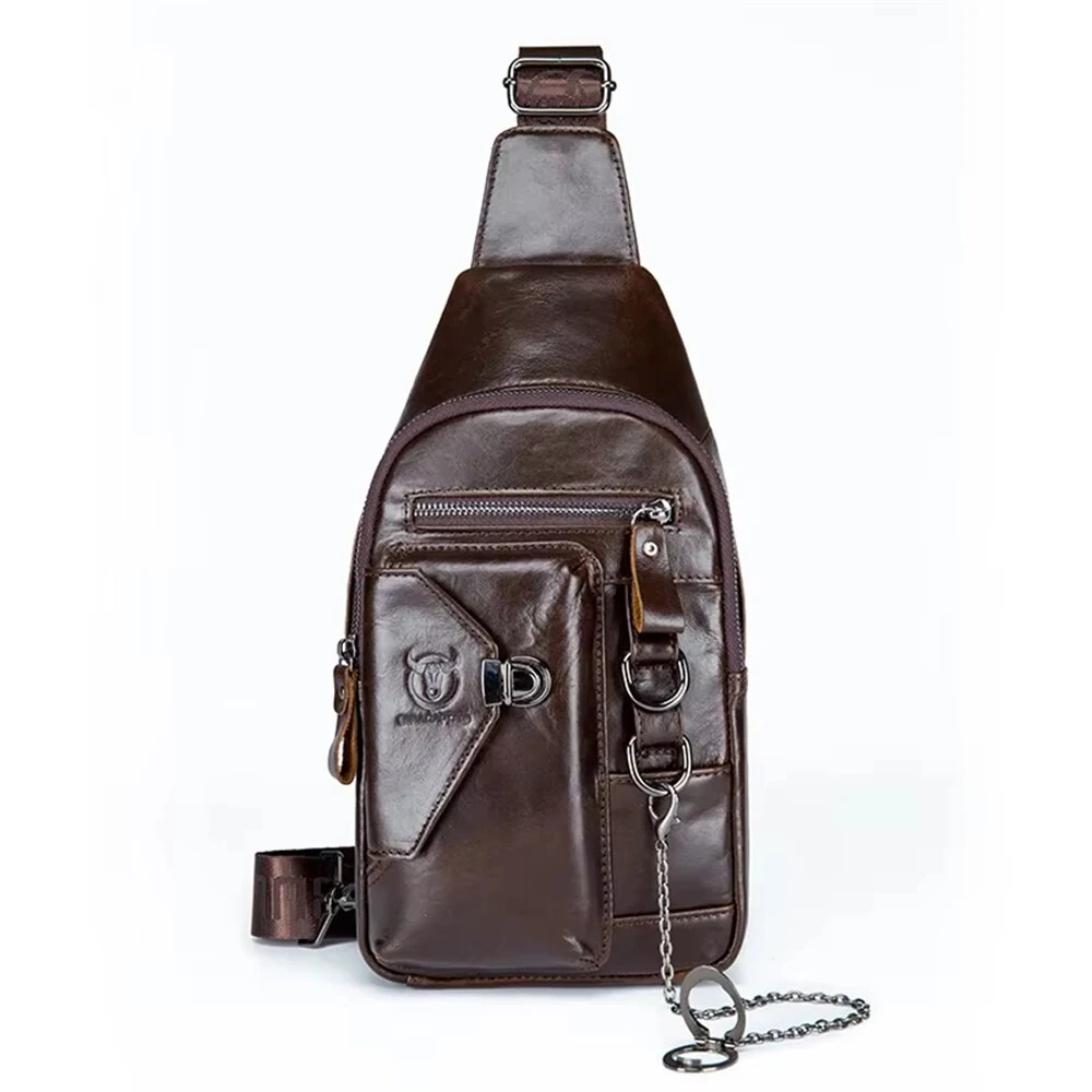BULLCAPTAINN Genuine Leather Men's Chest Bag with Phone Holder Multi-Layer Large Capacity Shoulder Pack Travel Outdoor Comfy Wide Strap Messenger Bag — view 9