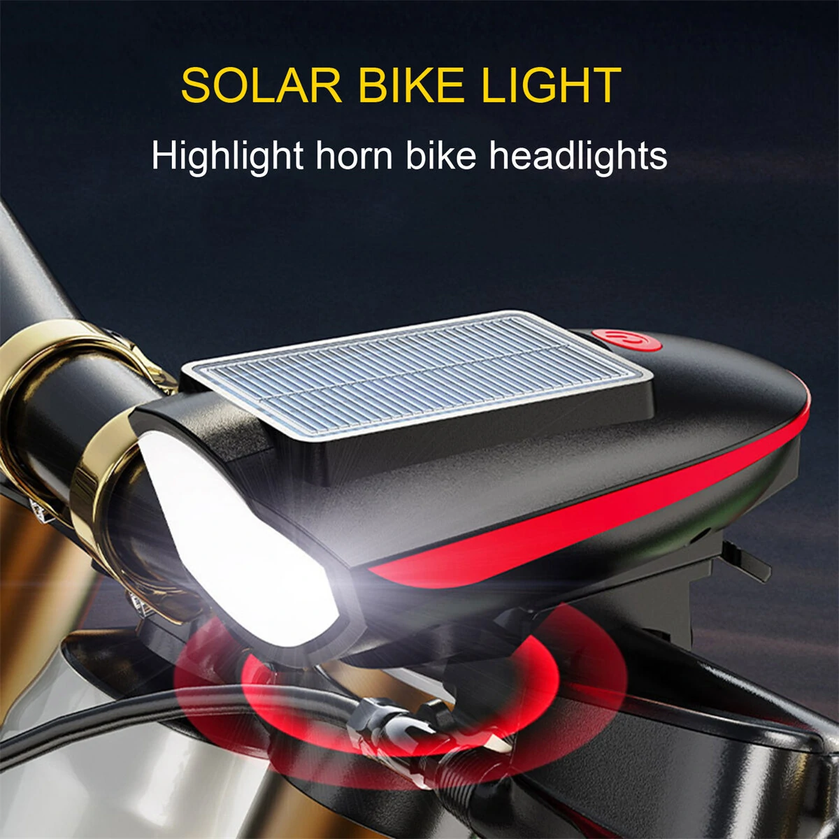 Cansses 3 in 1 Solar Bike Headlight XPE Lamp Beads 1200mAh Battery Waterproof 3 Light Modes with 120db Horn for Night Cycling — view 3