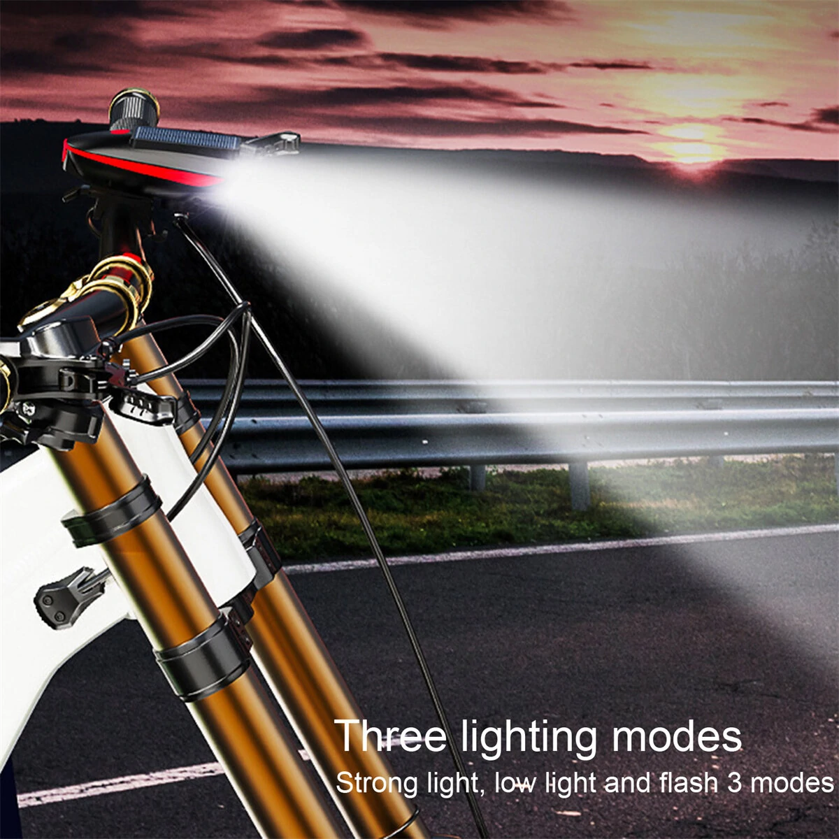 Cansses 3 in 1 Solar Bike Headlight XPE Lamp Beads 1200mAh Battery Waterproof 3 Light Modes with 120db Horn for Night Cycling — view 5