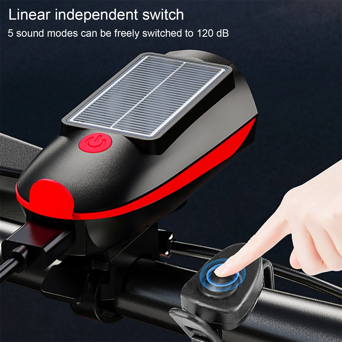 Cansses 3 in 1 Solar Bike Headlight XPE Lamp Beads 1200mAh Battery Waterproof 3 Light Modes with 120db Horn for Night Cycling — view 6