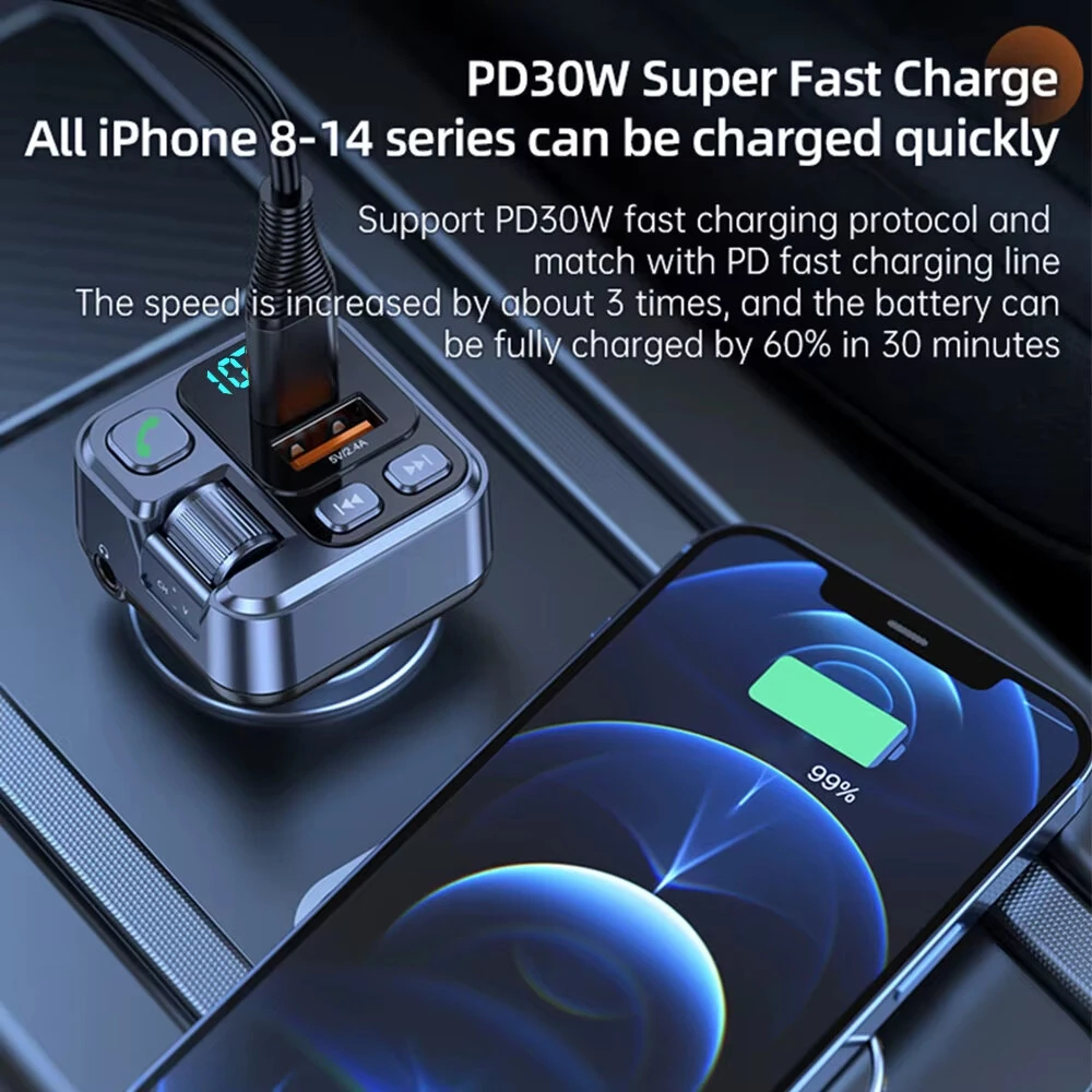 Car bluetooth Receiver USB PD30W Fast Charging Digital Display Car Mobile Phone Adapter FM Transmiter with LED Display — view 4