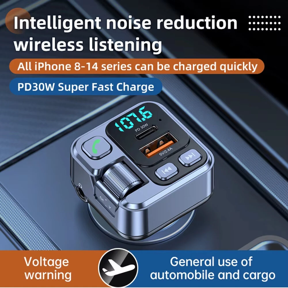 Car bluetooth Receiver USB PD30W Fast Charging Digital Display Car Mobile Phone Adapter FM Transmiter with LED Display — view 6